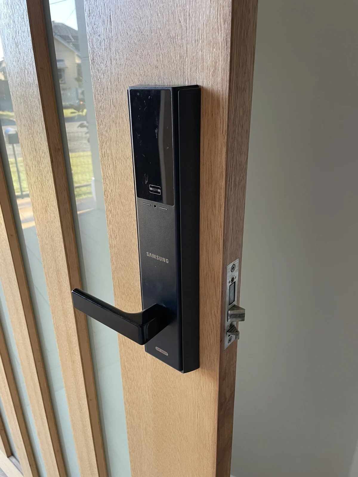 Samsung digital lever lock fitted to a timber door with glass panels